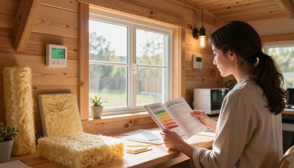 A cozy, well-insulated home interior showcasing the benefits of effective insulation for energy efficiency. In the foreground, a woman in professional attire examines an energy efficiency guide, surrounded by samples of insulation materials like fiberglass and foam. In the middle, a large window reveals a sunny day outside, contrasting with the warm, inviting interior ambiance. The background features a thermostat displaying energy savings, alongside energy-efficient appliances and LED lighting subtly illuminating the room. Soft, natural light streams in, creating a comforting atmosphere that emphasizes the connection between home insulation and energy efficiency, with a focus on warmth, comfort, and sustainability. A cozy, well-insulated home interior showcasing the benefits of effective insulation for energy efficiency. In the foreground, a woman in professional attire examines an energy efficiency guide, surrounded by samples of insulation materials like fiberglass and foam. In the middle, a large window reveals a sunny day outside, contrasting with the warm, inviting interior ambiance. The background features a thermostat displaying energy savings, alongside energy-efficient appliances and LED lighting subtly illuminating the room. Soft, natural light streams in, creating a comforting atmosphere that emphasizes the connection between home insulation and energy efficiency, with a focus on warmth, comfort, and sustainability.