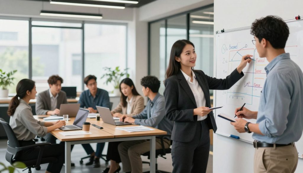 A modern office environment bustling with activity, showcasing a diverse group of professionals engaged in project management discussions. In the foreground, a confident woman in a tailored suit stands at a whiteboard, pointing at a colorful project timeline, while a man in business casual attire takes notes. The middle layer features team members collaborating around a table filled with laptops, documents, and coffee cups, highlighting teamwork and communication. The background shows a bright, open office space with large windows allowing natural light to flood in, creating an inspiring atmosphere. The mood is focused and energizing, emphasizing career growth and the importance of mastering project management skills. The scene captures a professional yet approachable ambiance, ideal for illustrating success in project management. A modern office environment bustling with activity, showcasing a diverse group of professionals engaged in project management discussions. In the foreground, a confident woman in a tailored suit stands at a whiteboard, pointing at a colorful project timeline, while a man in business casual attire takes notes. The middle layer features team members collaborating around a table filled with laptops, documents, and coffee cups, highlighting teamwork and communication. The background shows a bright, open office space with large windows allowing natural light to flood in, creating an inspiring atmosphere. The mood is focused and energizing, emphasizing career growth and the importance of mastering project management skills. The scene captures a professional yet approachable ambiance, ideal for illustrating success in project management.