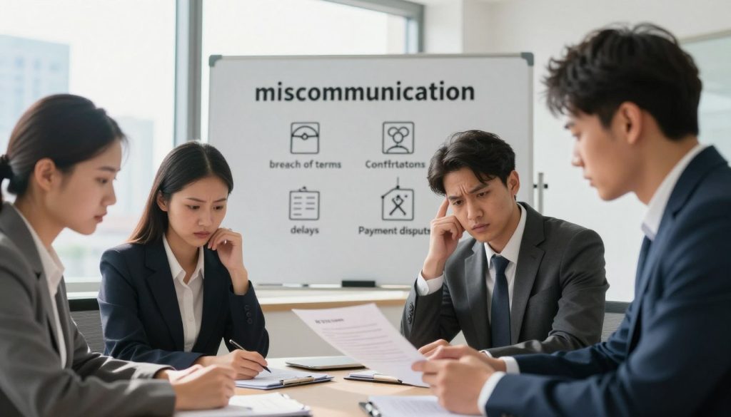A professional meeting room setting illustrating common causes of contract disputes. In the foreground, a diverse group of four business professionals in formal attire are gathered around a conference table, looking concerned as they review a contract document. In the middle, a large whiteboard displays key issues like "miscommunication," "breach of terms," "delays," and "payment disputes" illustrated with simple icons. In the background, a window lets in natural light, casting a warm glow over the scene, while a city skyline is faintly visible outside. The overall mood is tense but focused, capturing the seriousness of contract disputes while maintaining a professional atmosphere. The image should be bright, with soft shadows and a clear depth of field to accentuate the subjects and their surroundings. A professional meeting room setting illustrating common causes of contract disputes. In the foreground, a diverse group of four business professionals in formal attire are gathered around a conference table, looking concerned as they review a contract document. In the middle, a large whiteboard displays key issues like "miscommunication," "breach of terms," "delays," and "payment disputes" illustrated with simple icons. In the background, a window lets in natural light, casting a warm glow over the scene, while a city skyline is faintly visible outside. The overall mood is tense but focused, capturing the seriousness of contract disputes while maintaining a professional atmosphere. The image should be bright, with soft shadows and a clear depth of field to accentuate the subjects and their surroundings.