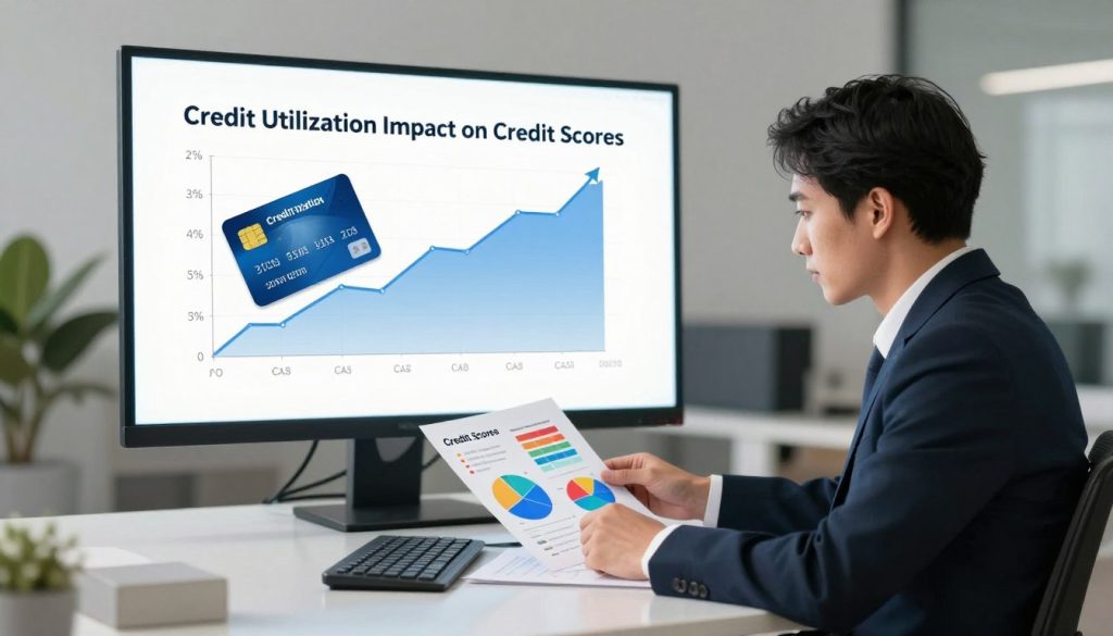 A visually impactful illustration representing the concept of "Credit Utilization Impact on Credit Scores." In the foreground, a professional sitting at a sleek desk, analyzing colorful graphs and charts depicting fluctuating percentages of credit utilization and credit scores, dressed in a smart business attire. In the middle ground, a large digital display shows a rising credit score alongside a credit card with a visible utilization ratio. The background features a modern office environment with neutral colors, soft lighting to provide a calm atmosphere, and a plant to create a refreshing vibe. The composition captures a sense of seriousness and professionalism, highlighting the importance of understanding credit utilization and its effects. A visually impactful illustration representing the concept of "Credit Utilization Impact on Credit Scores." In the foreground, a professional sitting at a sleek desk, analyzing colorful graphs and charts depicting fluctuating percentages of credit utilization and credit scores, dressed in a smart business attire. In the middle ground, a large digital display shows a rising credit score alongside a credit card with a visible utilization ratio. The background features a modern office environment with neutral colors, soft lighting to provide a calm atmosphere, and a plant to create a refreshing vibe. The composition captures a sense of seriousness and professionalism, highlighting the importance of understanding credit utilization and its effects.